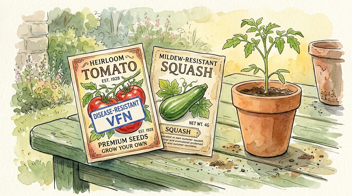 Hand-drawn watercolor illustration of disease-resistant seed packets next to a healthy seedling in a clay pot.