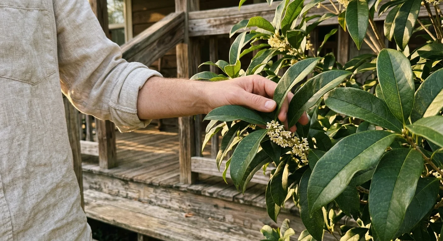 Hands gently touching glossy tea olive leaves on a sunny backyard porch.