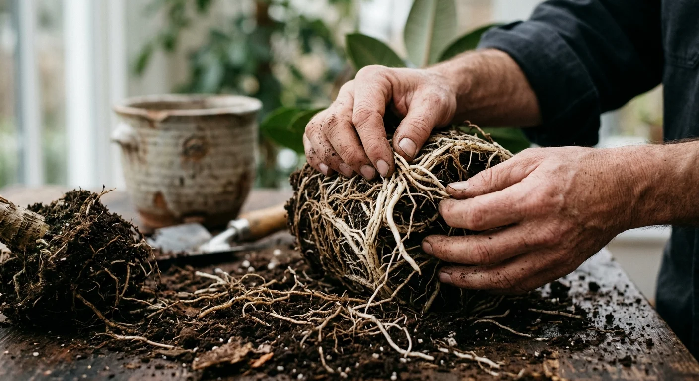 Hands gently untangling a dense root ball of a houseplant over dark potting soil.