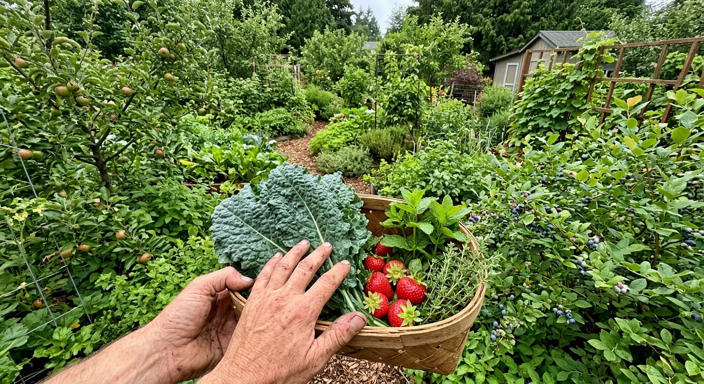Hands holding a rustic wooden basket filled with freshly harvested kale, strawberries, and mint in a lush backyard garden.