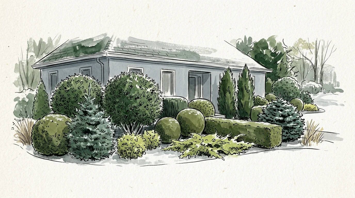Watercolor illustration of a house front surrounded by sculpted evergreen bushes, conical trees, and neat hedges.