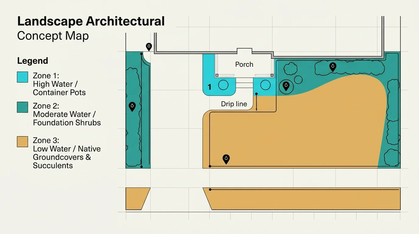 Landscape concept map diagram dividing a front yard into three color-coded water zones with drip lines and porch layout.