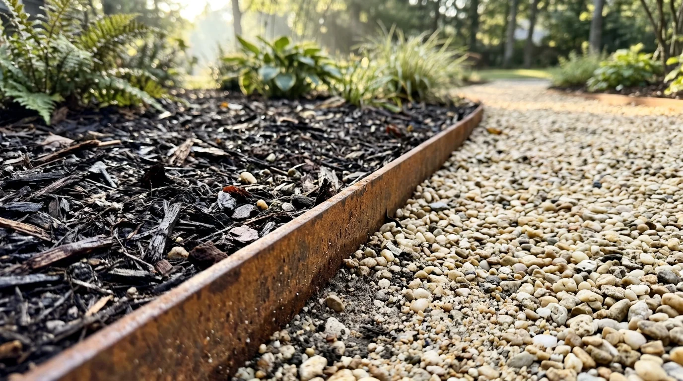 Rusted metal edging separating a dark mulch plant bed from a light gravel walkway.