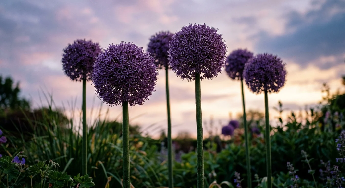 Low-angle view of giant spherical purple alliums standing tall against a pastel twilight sky.