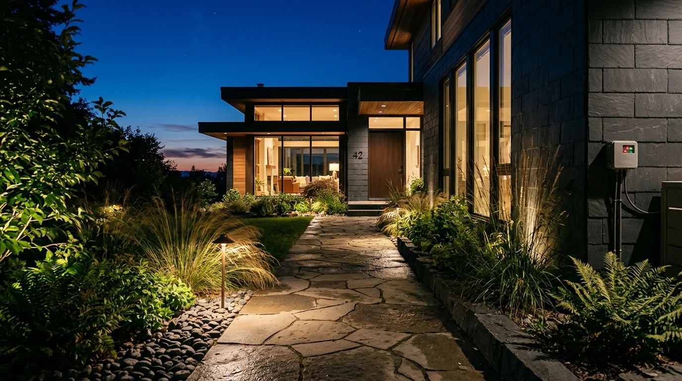 Illuminated stone walkway leading to a modern home at dusk with warm landscape path lights and lush plants.