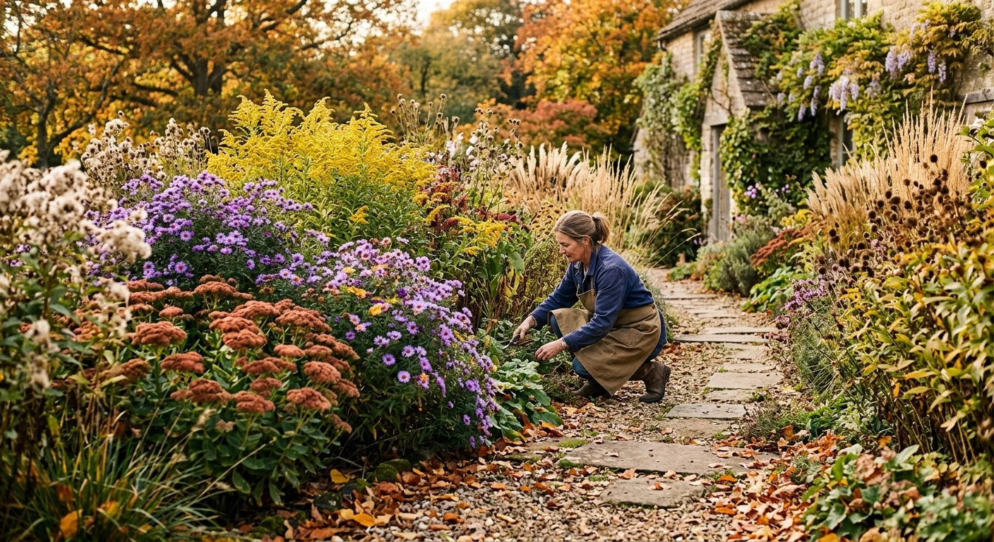 A woman kneels along a stone garden path tending to purple asters and yellow goldenrod in front of a stone cottage.