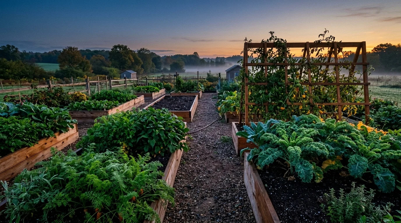 Raised garden beds filled with leafy greens and vegetables along a gravel path at dawn with mist in the distance.
