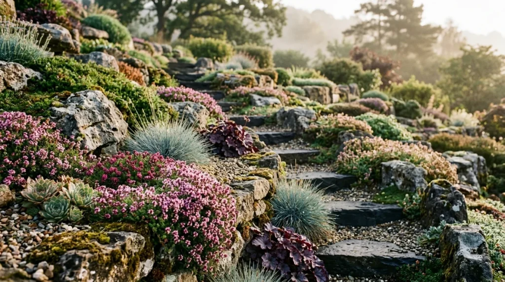 Terraced stone steps on a hillside surrounded by blooming pink groundcovers, succulents, and blue fescue grasses.