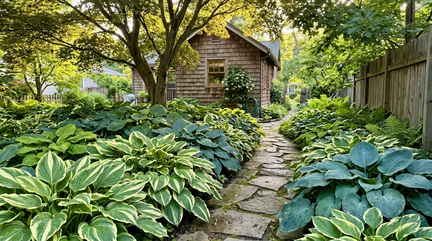 Lush, variegated hosta plants growing along a shaded stepping-stone pathway on the side of a house.