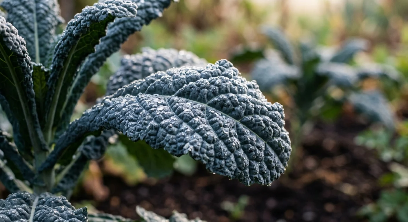 Macro photograph of a Lacinato kale leaf showing its deeply crinkled, dark blue-green texture covered in morning dew.