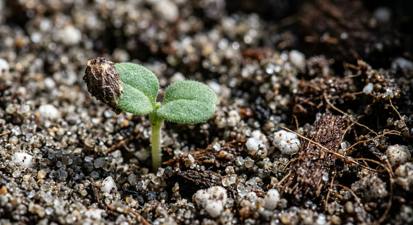 Macro photograph of a single tiny green lavender seedling emerging from gritty, sandy soil mix.