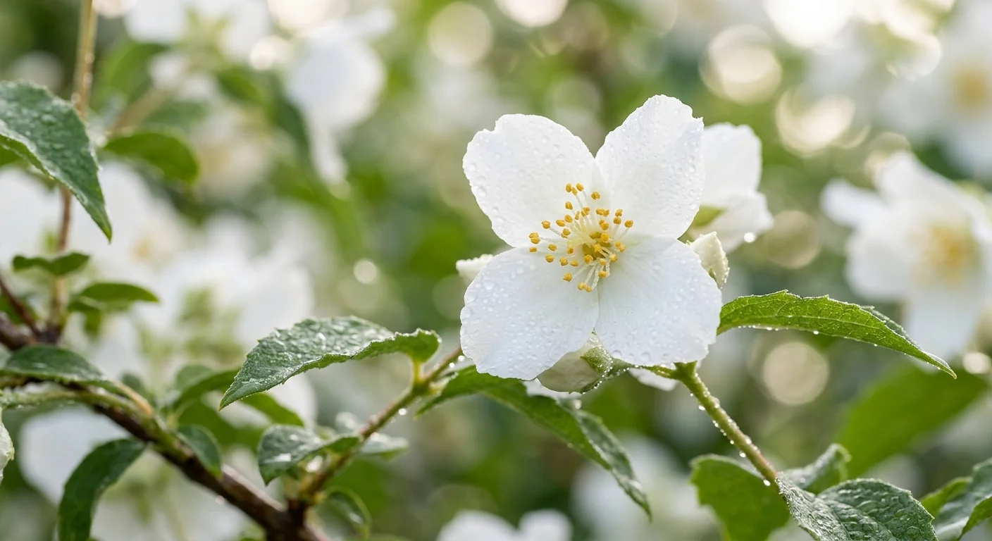 Macro photograph of a sweet mock orange flower sparkling with morning dew.