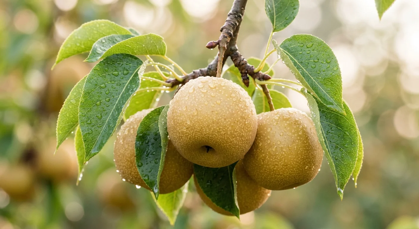Macro photograph of round, golden Shinseiki Asian pears covered in water droplets hanging on a branch in morning light.