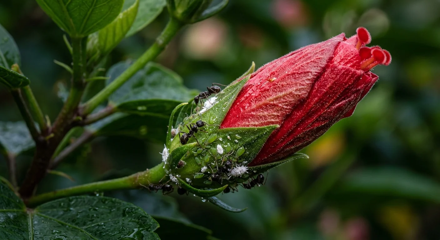 Black ants and small green aphids crawling over a closed red hibiscus flower bud in a garden setting.