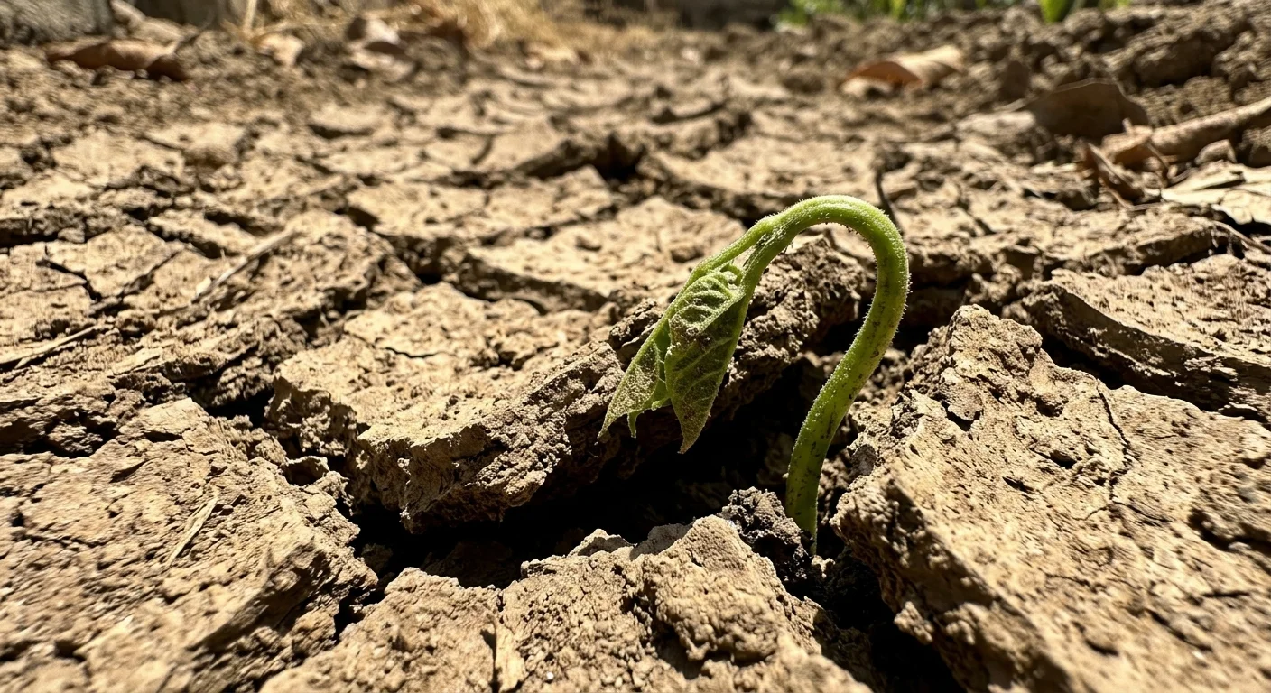 Macro shot of a tiny seedling struggling to emerge from a hard, deeply cracked clay soil crust under harsh sun.