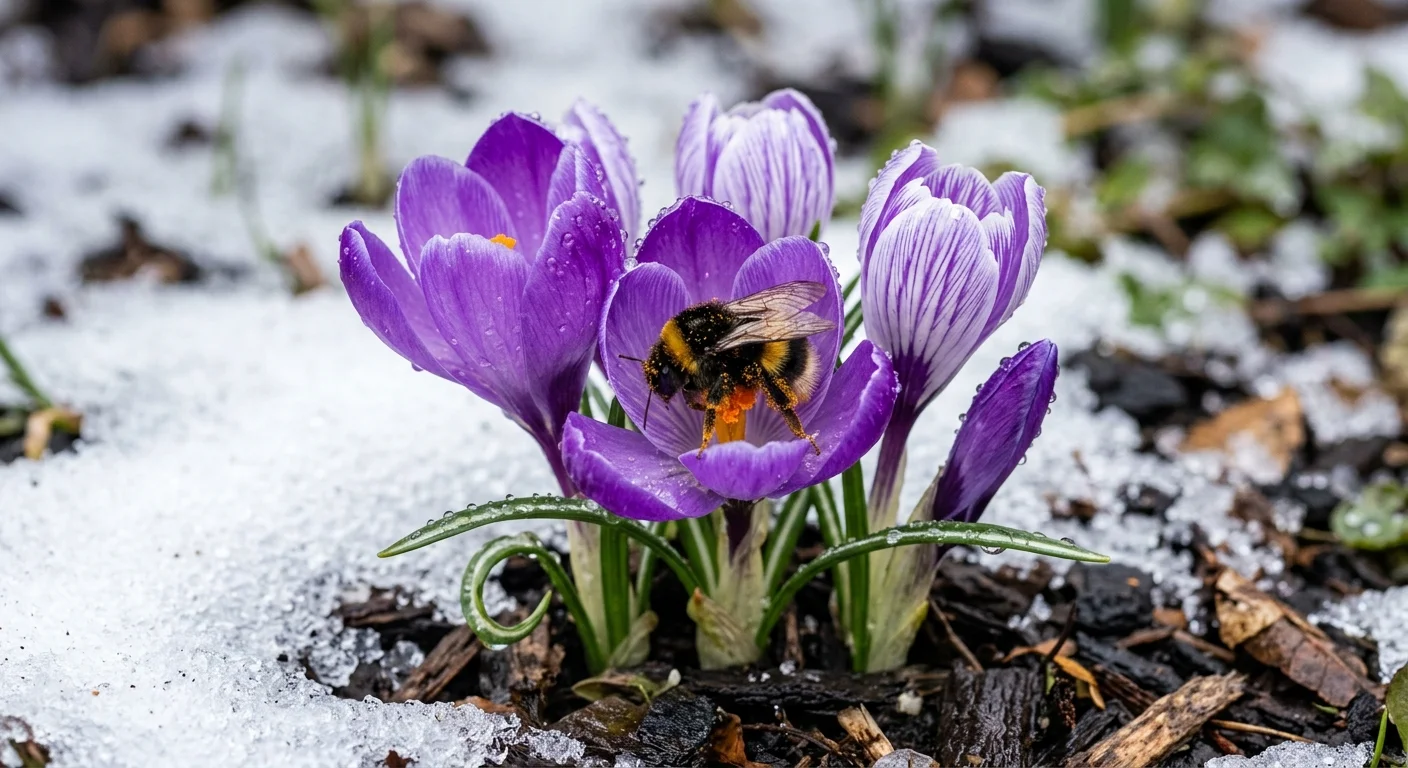 Macro shot of purple crocuses blooming through melting snow with a fuzzy bumblebee feeding on the orange pollen.