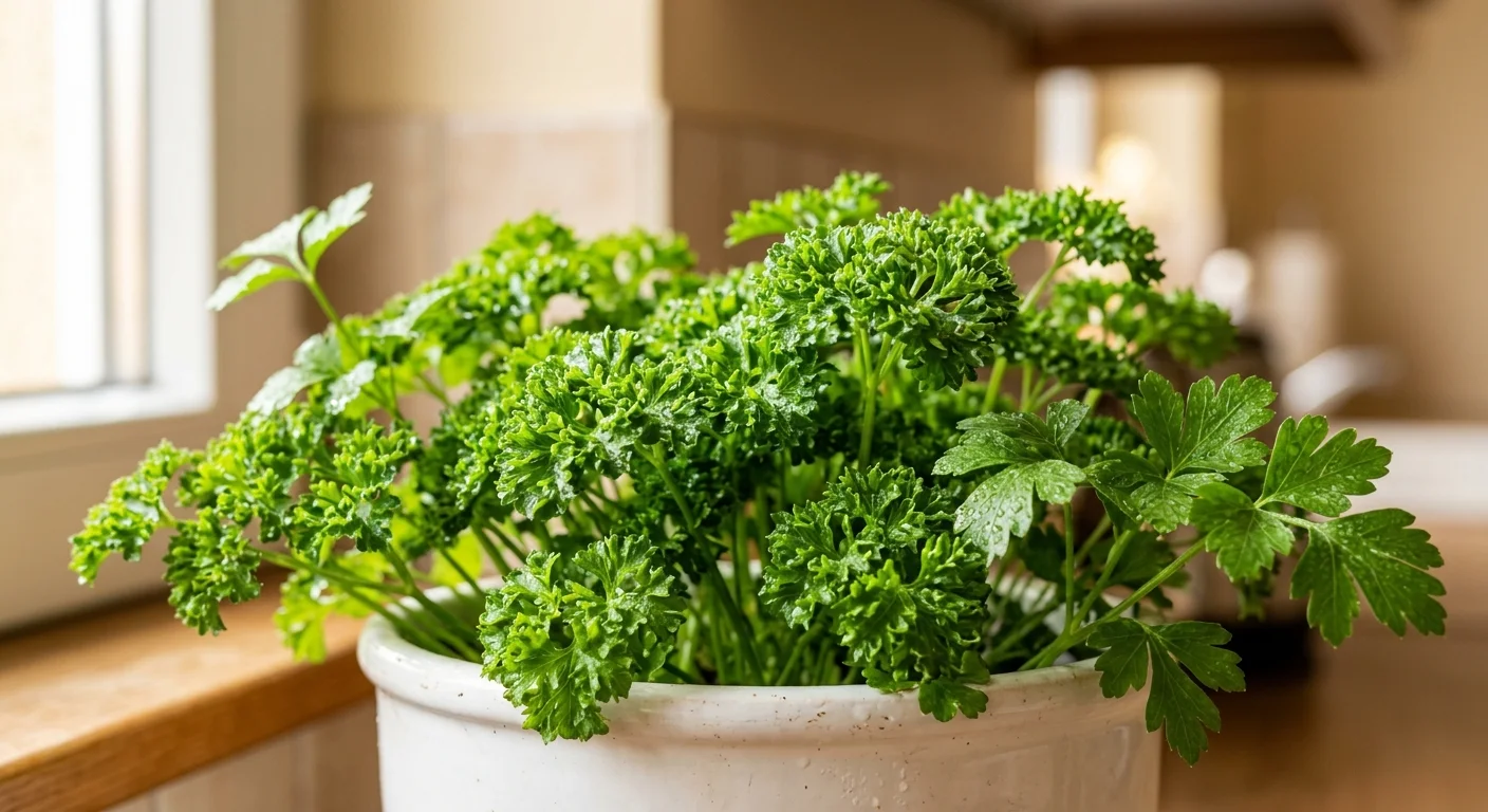 Macro shot of vibrant green curly parsley leaves with water droplets in a white planter.