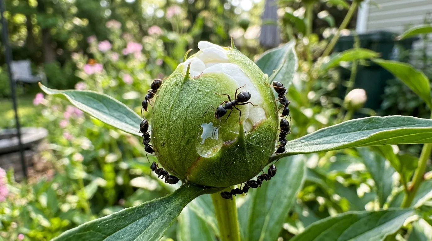 Close-up of a round green peony bud encircled by black ants feeding on a drop of liquid.