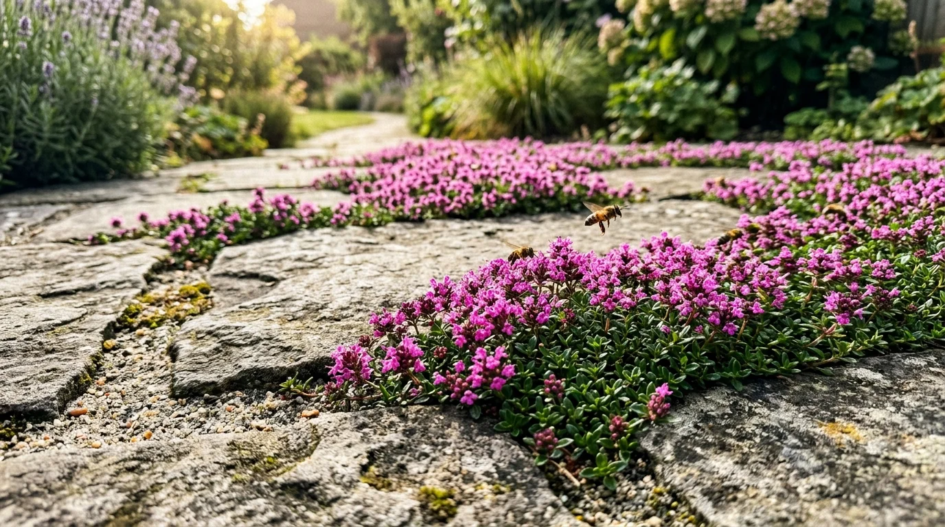Pink creeping thyme growing between stone pavers along a sunny garden pathway with bees hovering above.