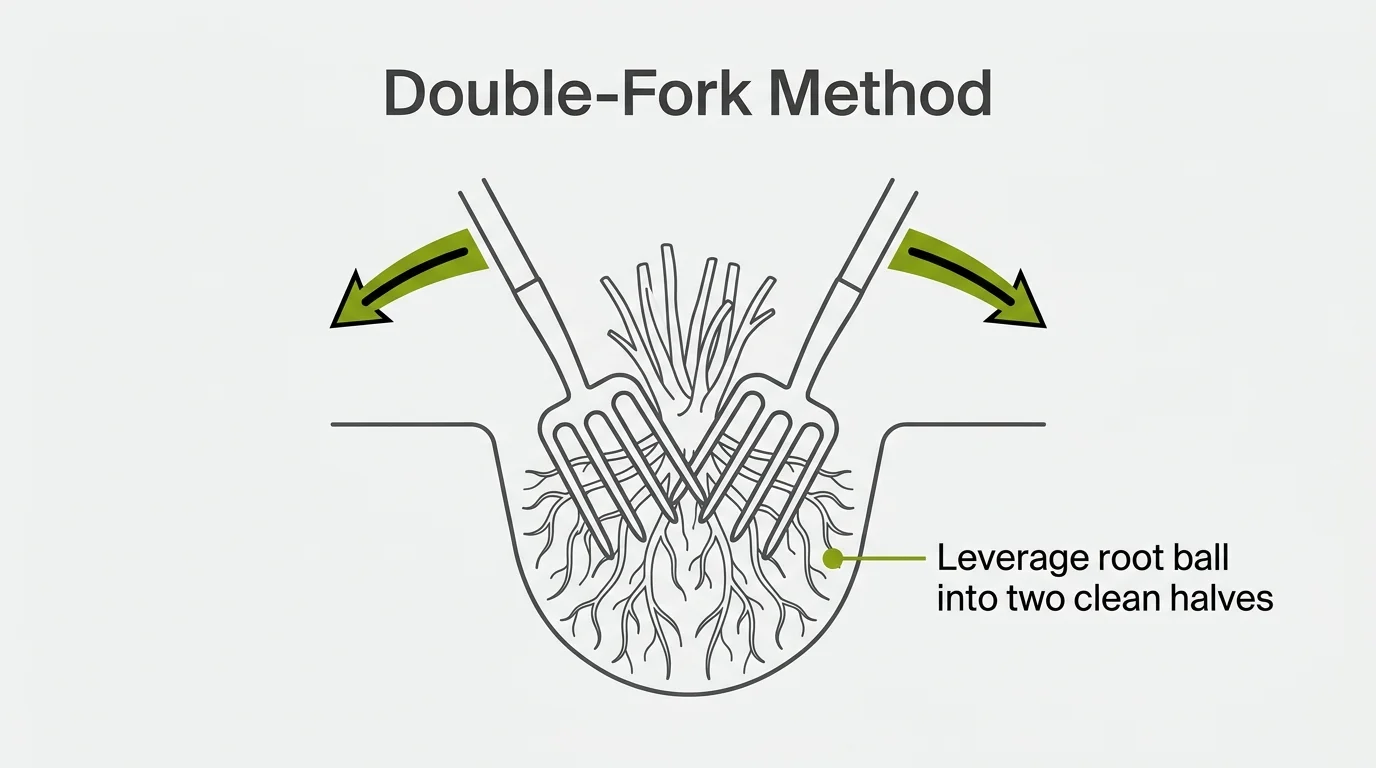 Minimalist diagram illustrating two garden forks back-to-back in a root ball with leverage arrows pointing outward.