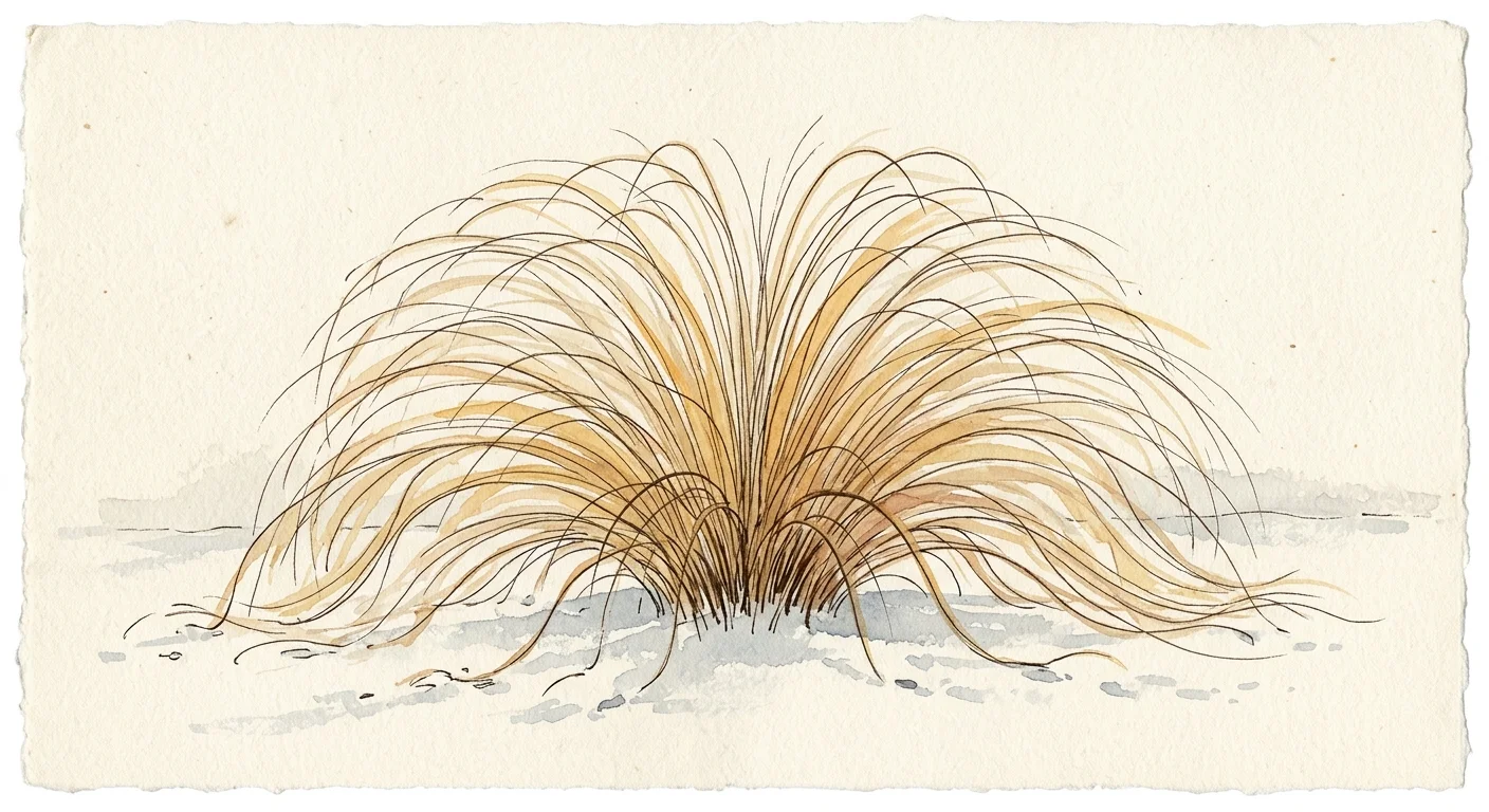 Minimalist watercolor sketch of a flowing, golden-amber fountain of Prairie Dropseed grass.