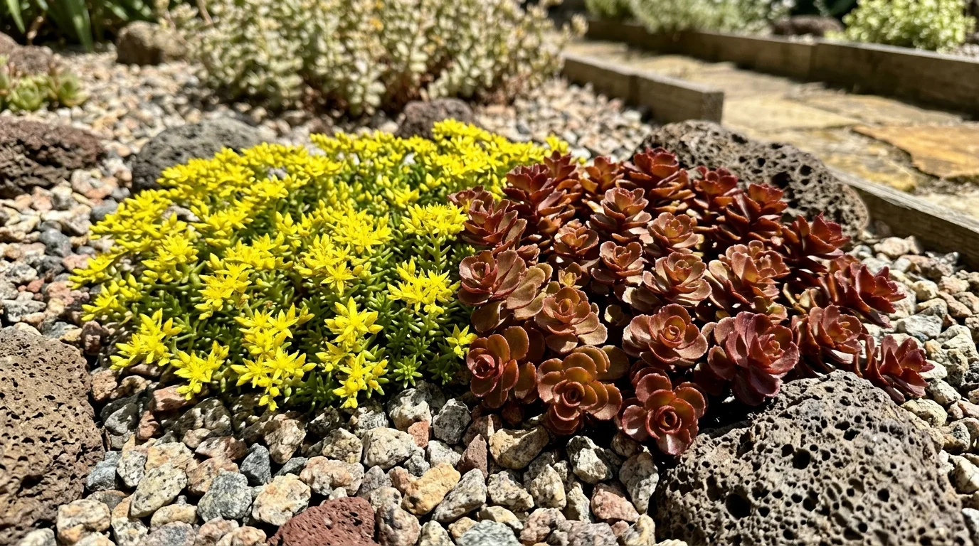 Yellow flowering sedum and reddish rosette stonecrop succulents growing among loose gravel and porous dark rocks.