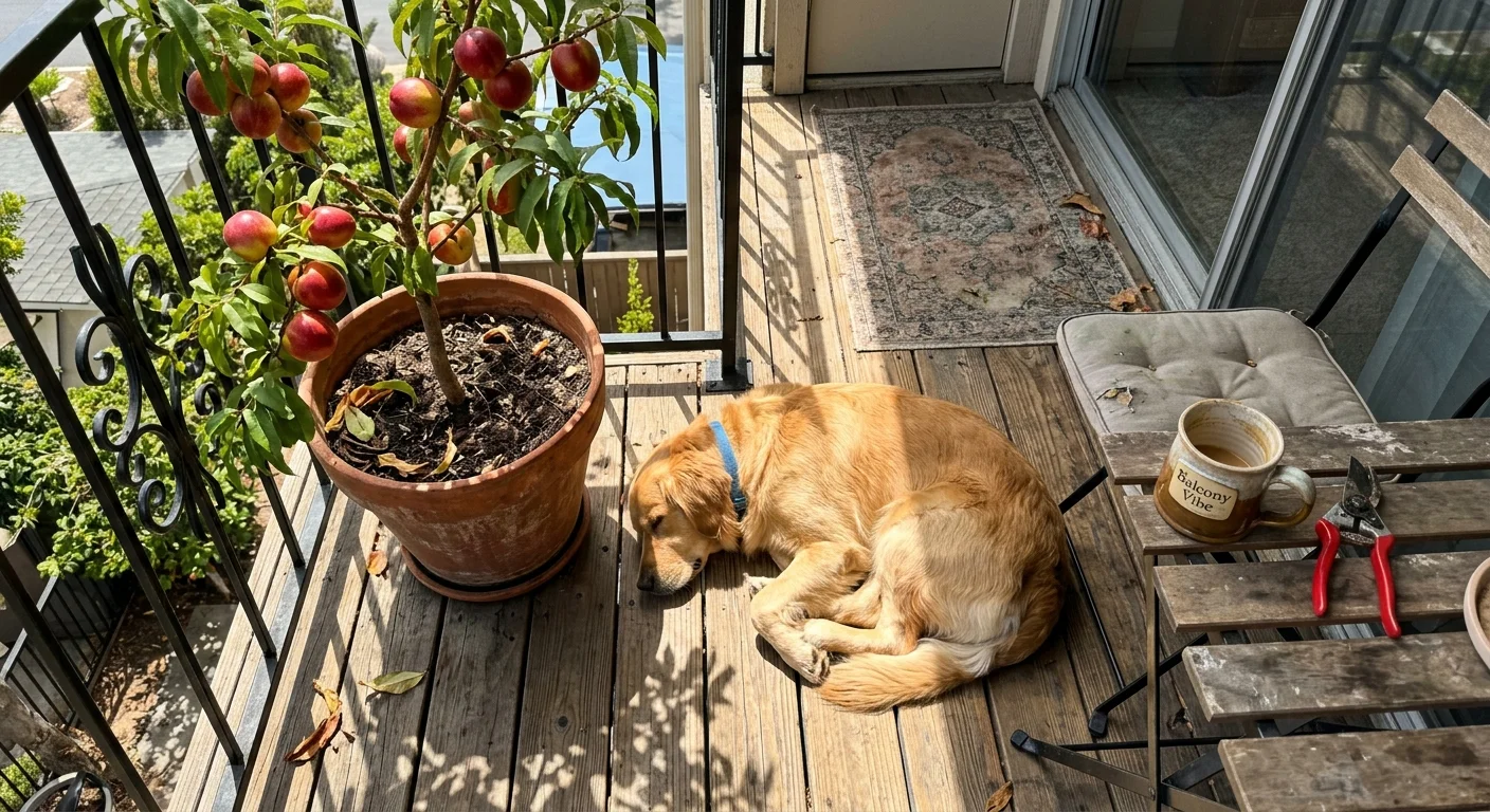 Overhead view of a sunny apartment balcony featuring a potted dwarf nectarine tree with fruit, a sleeping dog, and a coffee mug.