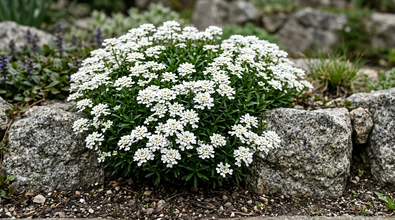 A blooming mound of candytuft with dense white flower clusters nestled among gray rocks in a garden bed.