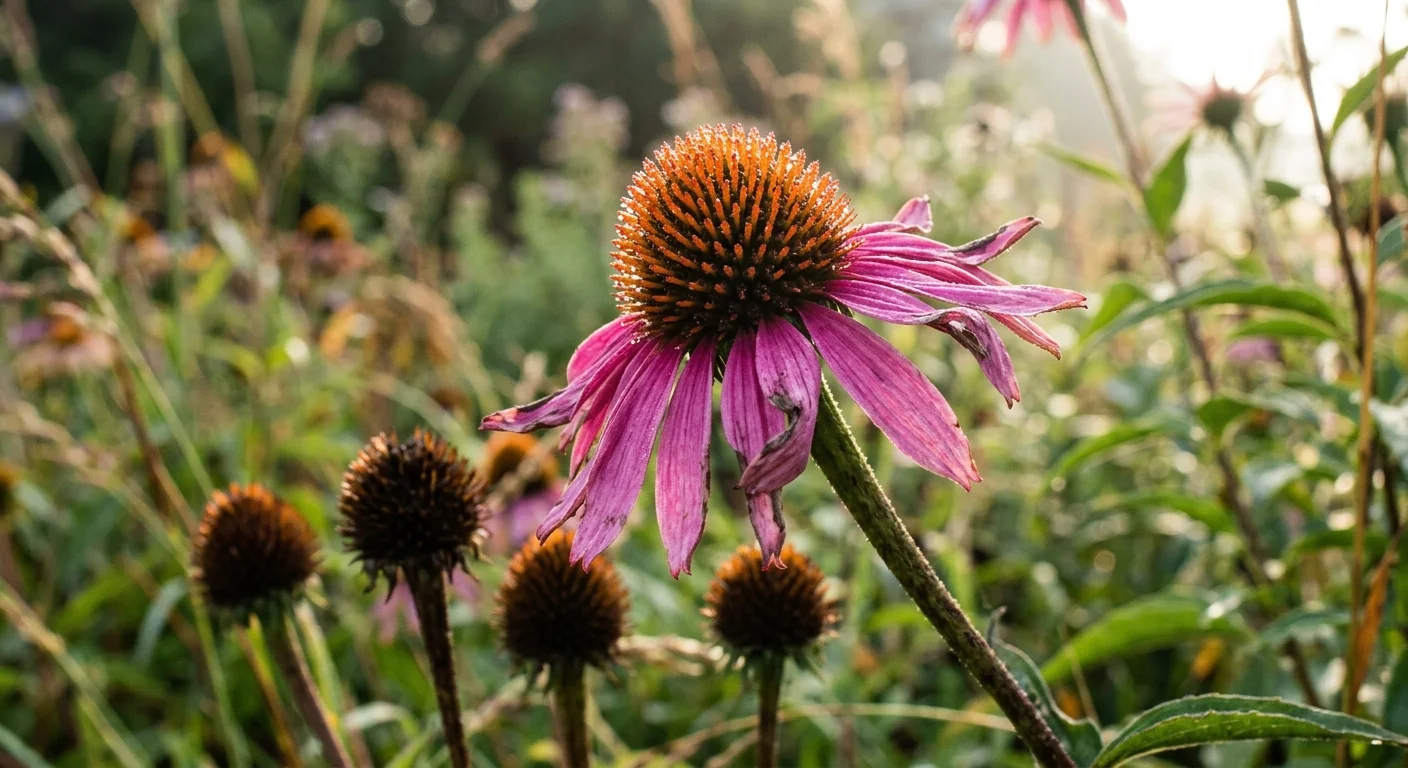 Fading purple coneflower with drooping pink petals and spiky orange center cone surrounded by dark spent seed heads.