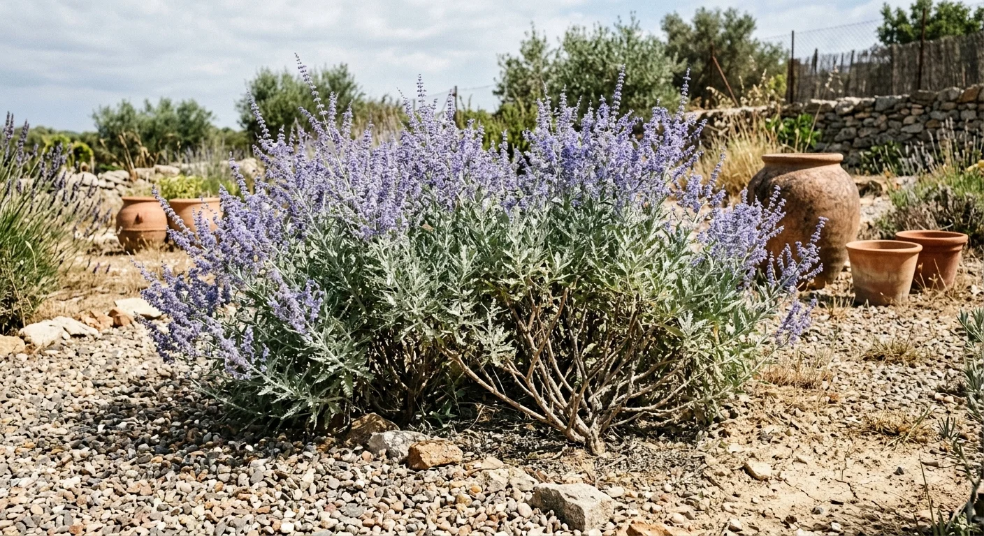 Resilient Russian Sage blooming with hazy blue flowers in a sun-drenched, gravelly dry garden bed.