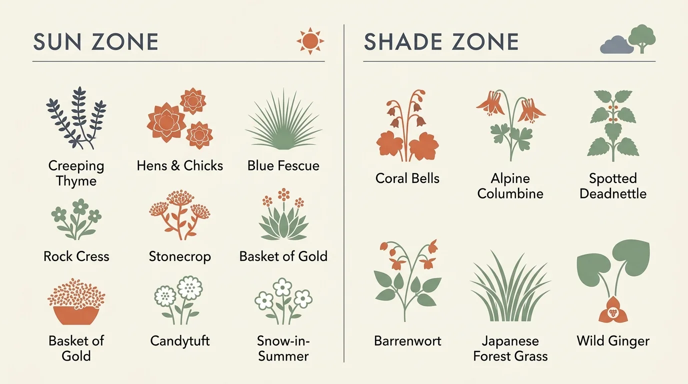 Chart categorizing plant species into Sun Zone and Shade Zone columns with labeled minimalist botanical illustrations.