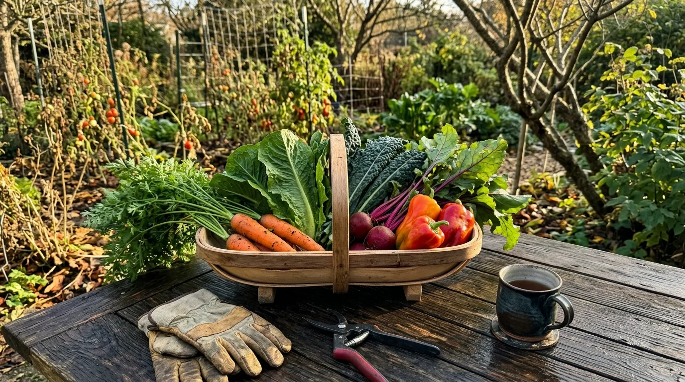 A wooden trug filled with freshly harvested carrots, greens, beets, and peppers on a garden table beside work gloves.