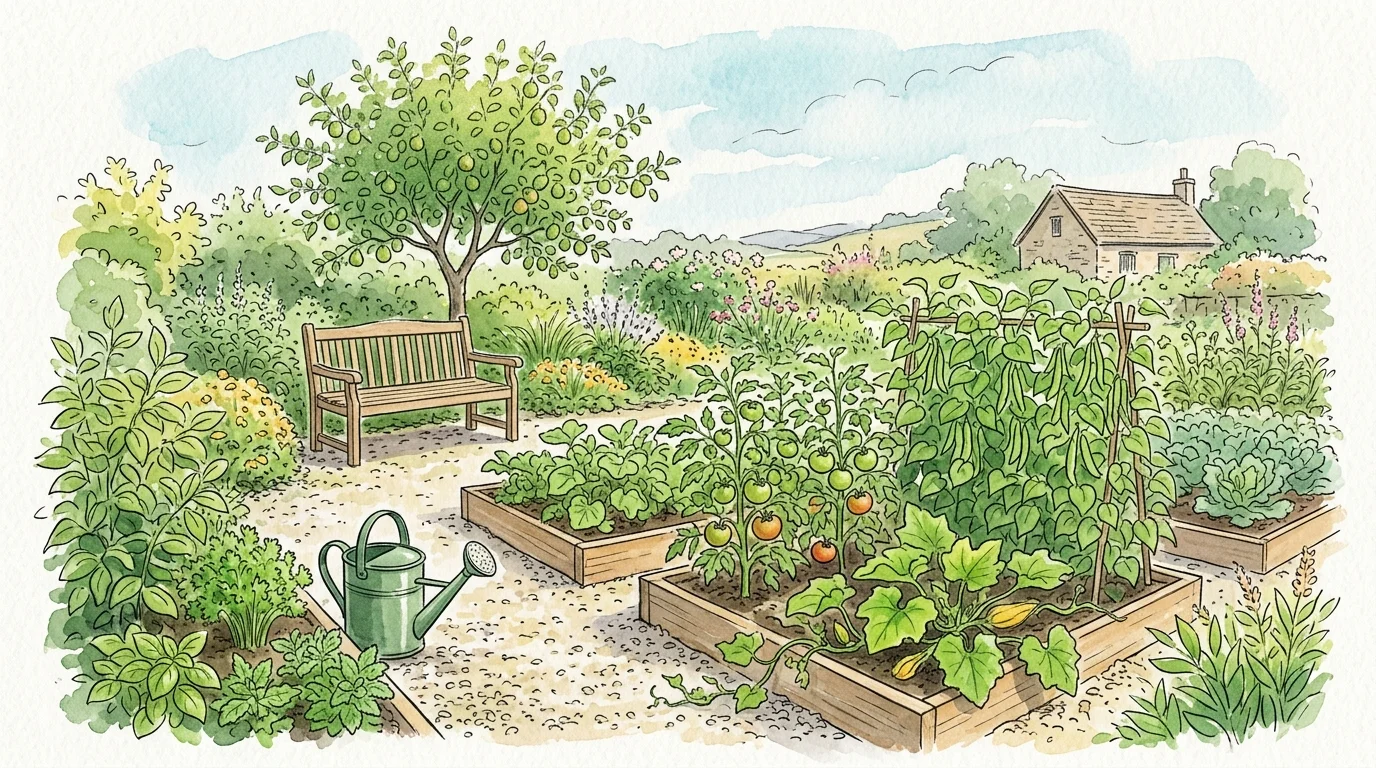 Serene watercolor illustration of a lush, healthy home garden with raised beds and a wooden bench under a tree.