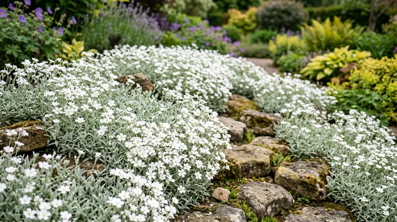 Dense white flowers and silvery foliage spreading over mossy stone steps in a garden border.