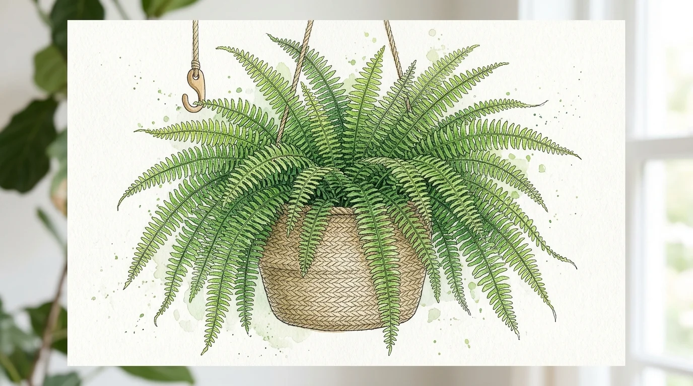 Soft watercolor illustration of a Boston fern with cascading feathery green fronds in a hanging basket.