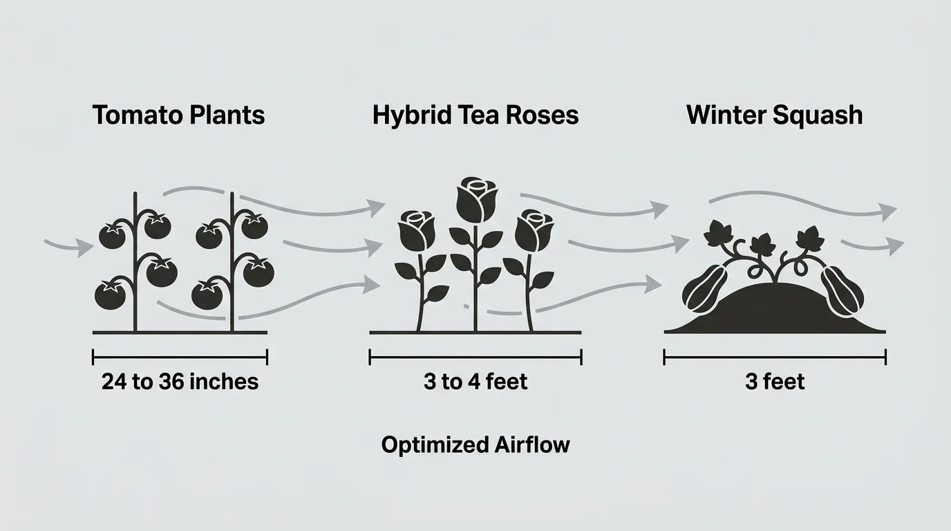 Spacing diagram illustrating recommended planting distances of 24 to 36 inches for tomatoes and 3 to 4 feet for roses.
