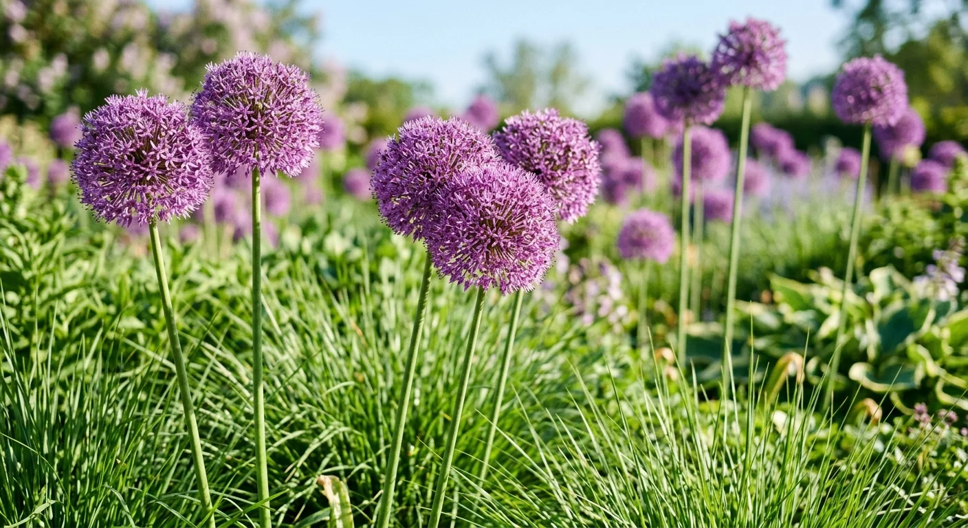 Spherical purple allium flower globes rising above fresh green grasses in bright spring morning light.