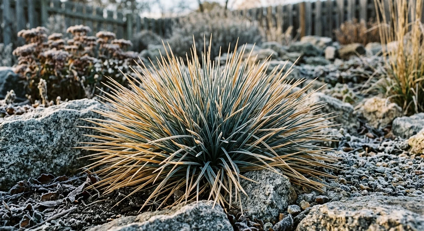Spiky, blue-gray and tan mound of Sapphire Blue Oat Grass in a frosty rock garden.