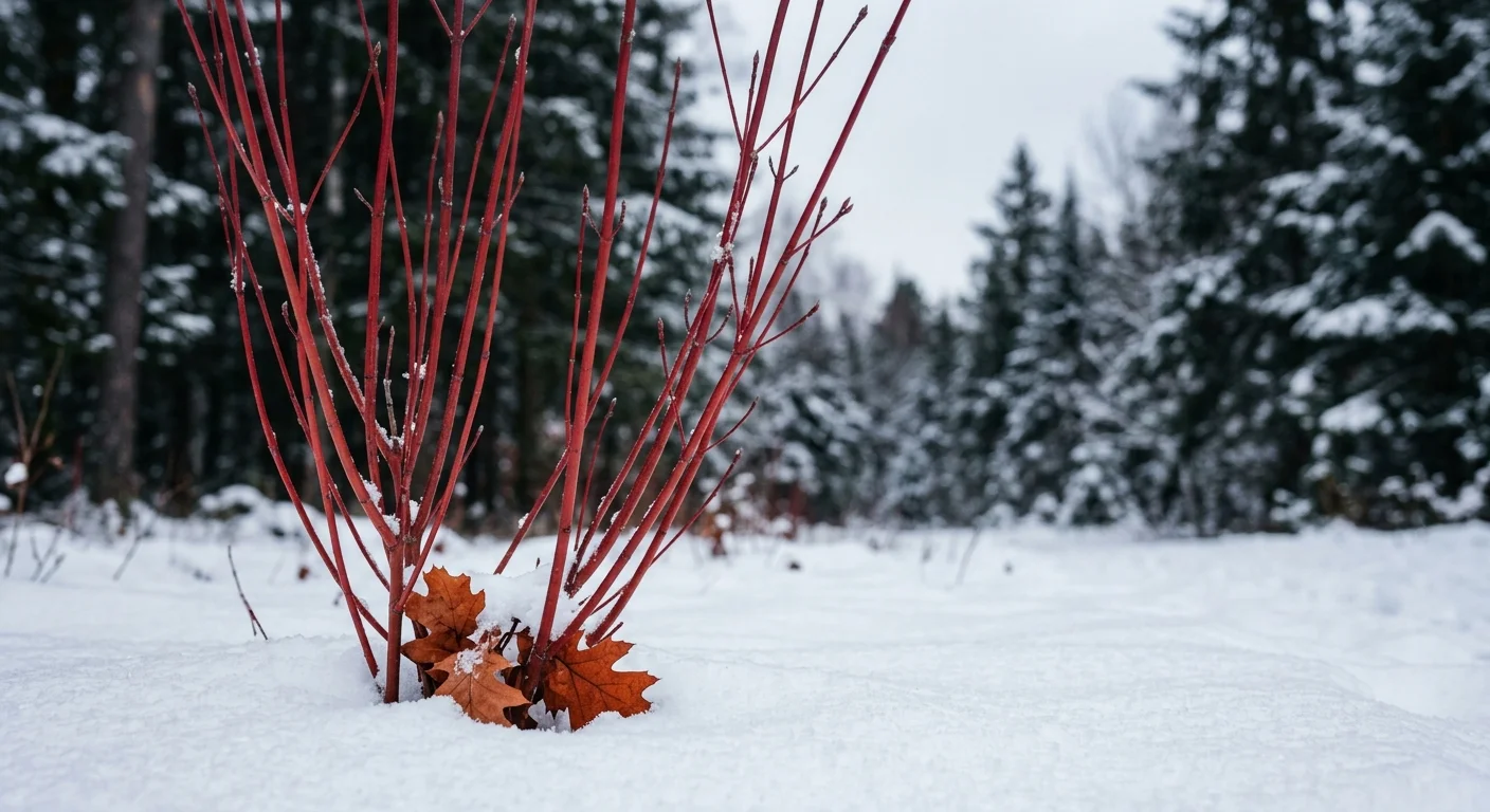 Striking bright red stems of a Red Osier Dogwood shrub rising up from a fresh layer of white winter snow.