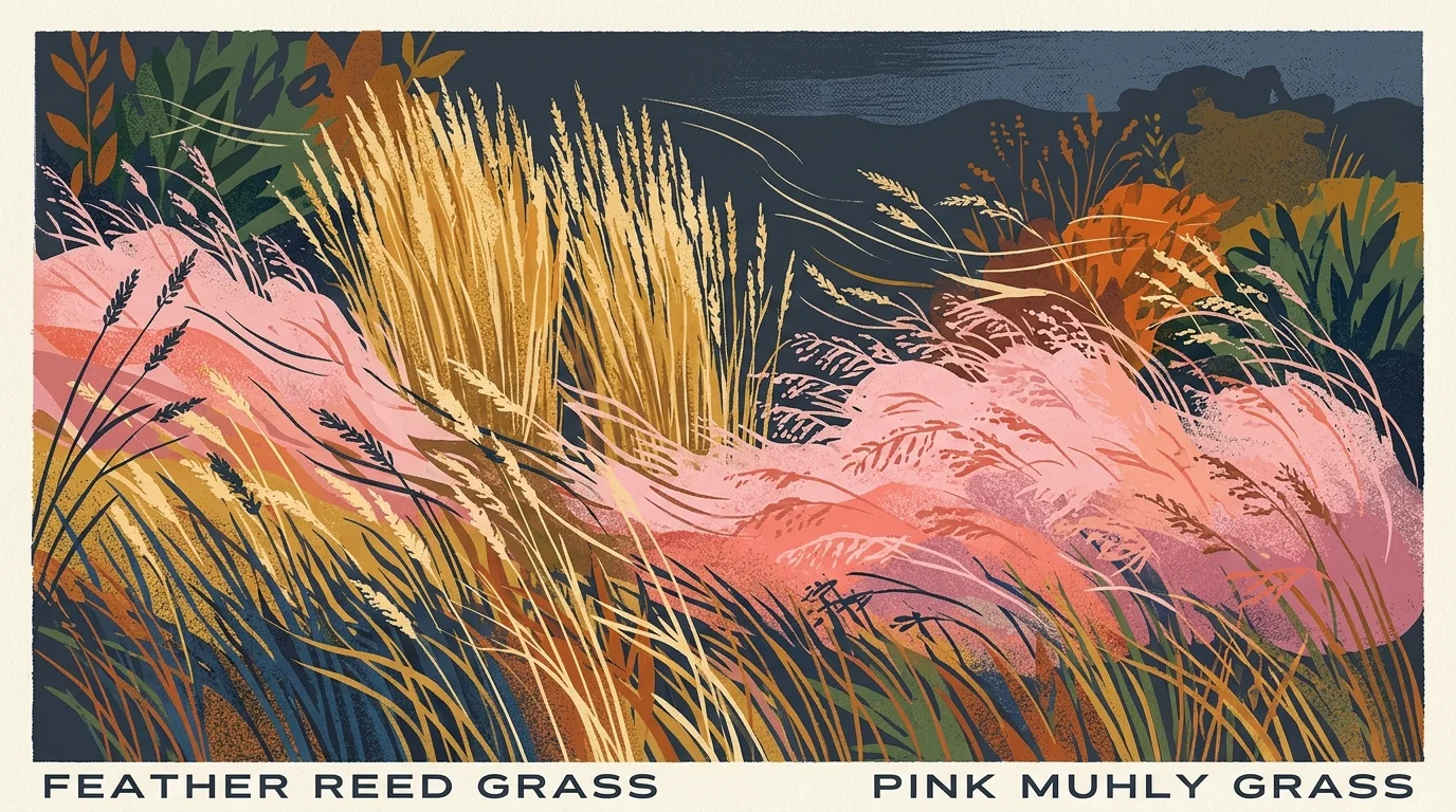 Illustration of golden feather reed grass and sweeping pink muhly grass blowing in the wind against a dark sky.