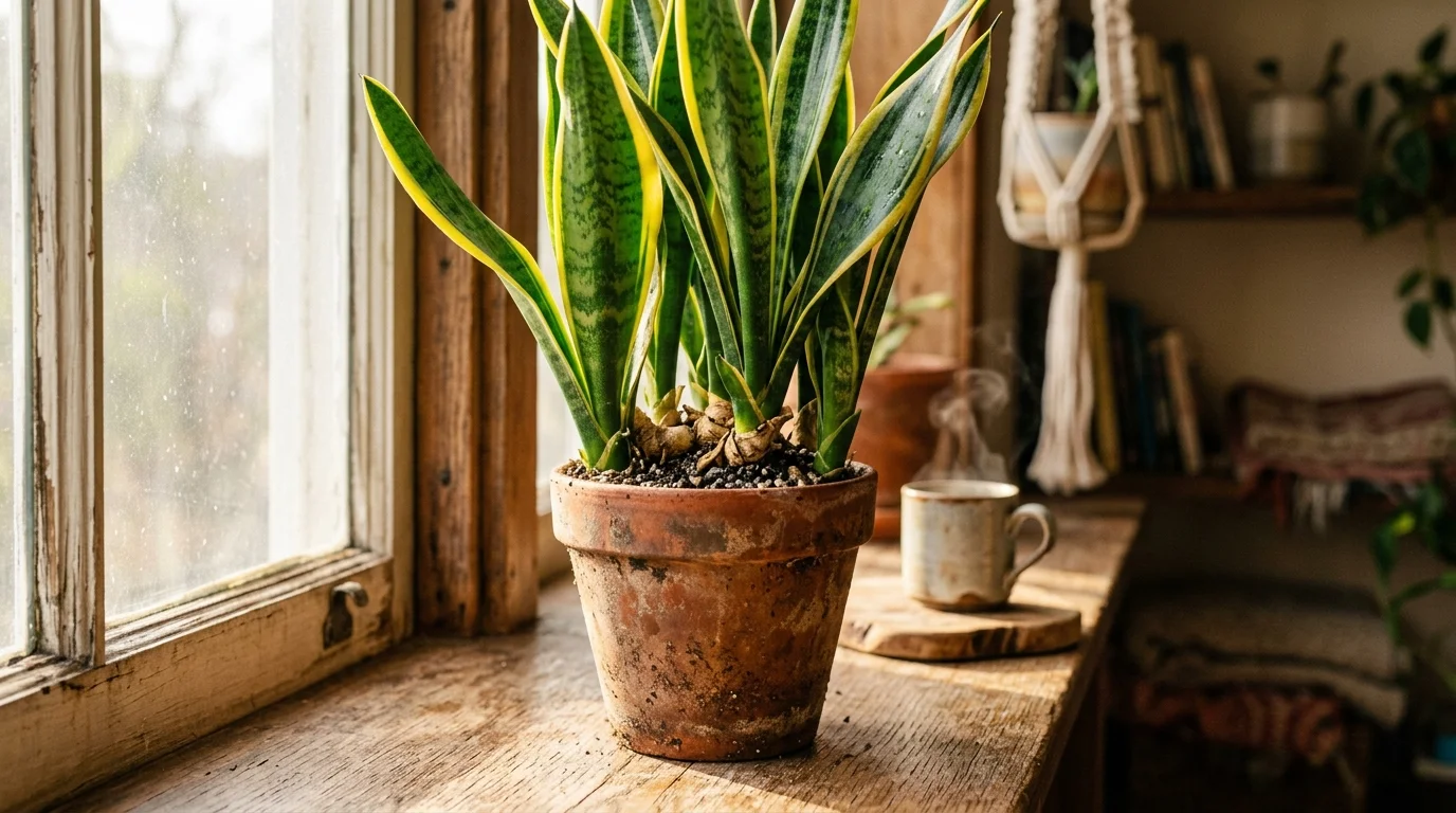 Sunlit snake plant in a snug terracotta pot on a wooden windowsill.