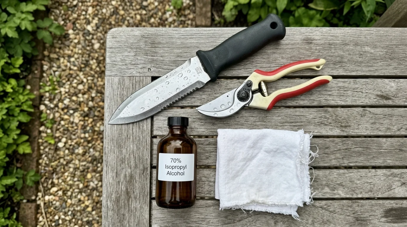 Top-down view of a hori hori knife, bypass pruners, and a bottle of isopropyl alcohol on a weathered wooden table.