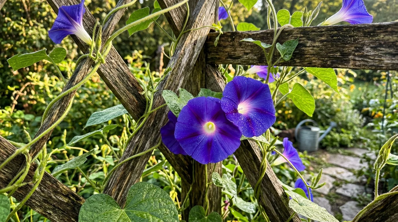 Vibrant blue and purple morning glory flowers climbing a rustic wooden trellis in the fresh morning dew.