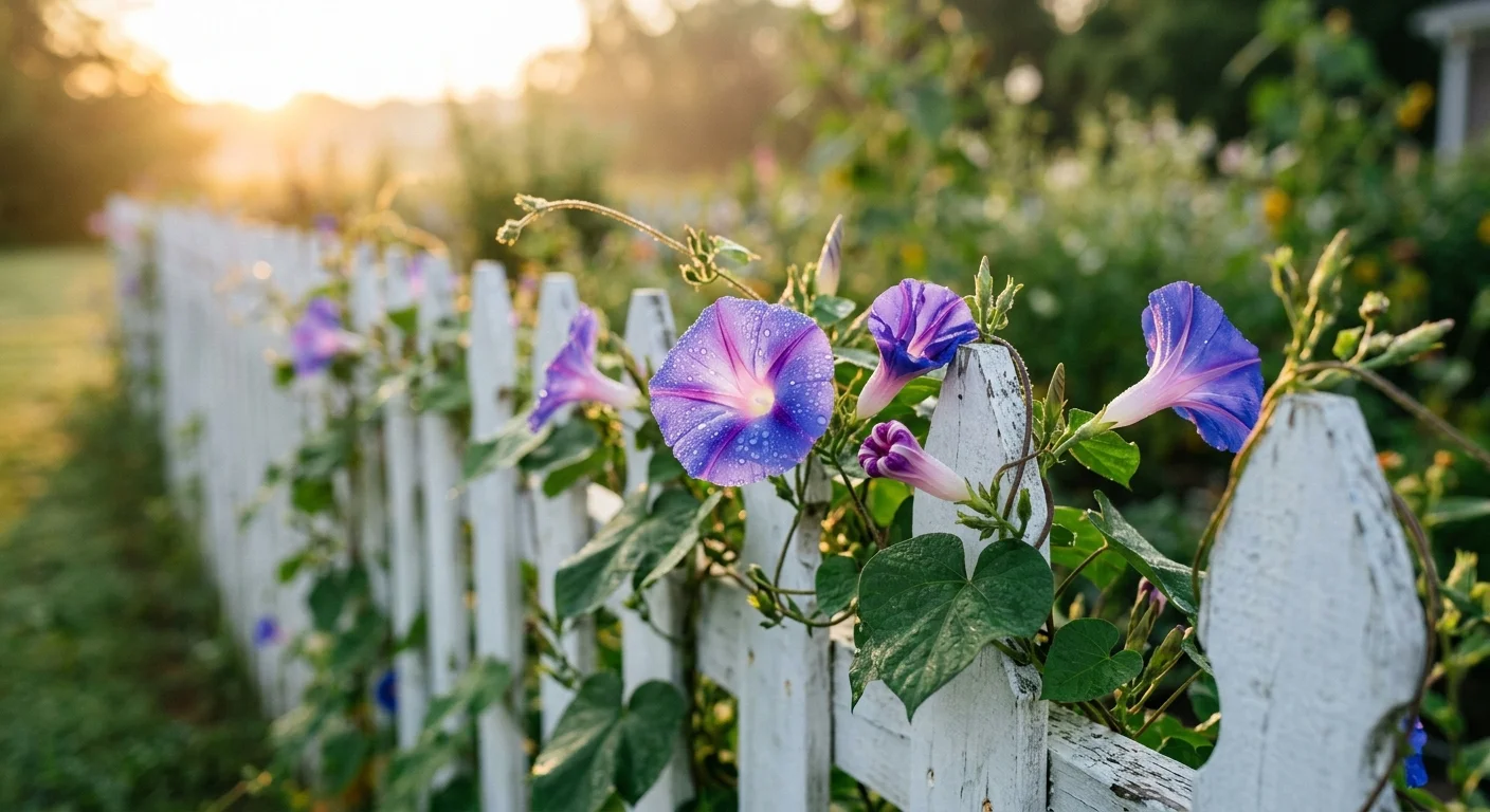 Vibrant blue and purple morning glory flowers opening along a white picket fence in the soft golden light of sunrise.