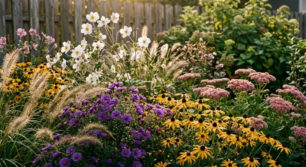 Lush garden border filled with blooming purple asters, yellow coneflowers, pink sedum, and white anemones along a fence.