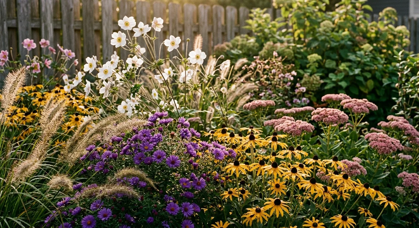 Lush garden border filled with blooming purple asters, yellow coneflowers, pink sedum, and white anemones along a fence.