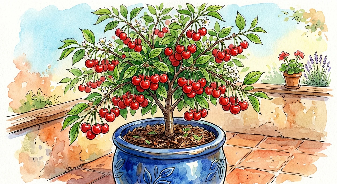 Vibrant watercolor illustration of a small cherry tree dripping with bright red cherries in a blue glazed ceramic pot.