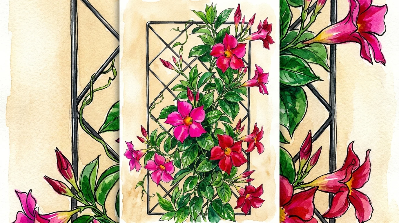 Vibrant watercolor illustration of hot pink trumpet-shaped Mandevilla flowers climbing a modern black wire trellis.