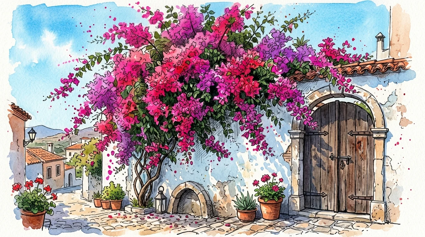 Vibrant watercolor painting of a massive magenta bougainvillea vine climbing a sun-drenched white stucco wall.