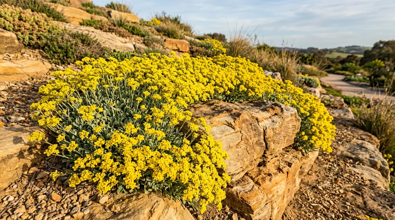 Bright yellow basket of gold flowers bloom in a dense mound over rocky stone ledges in a sunny garden.